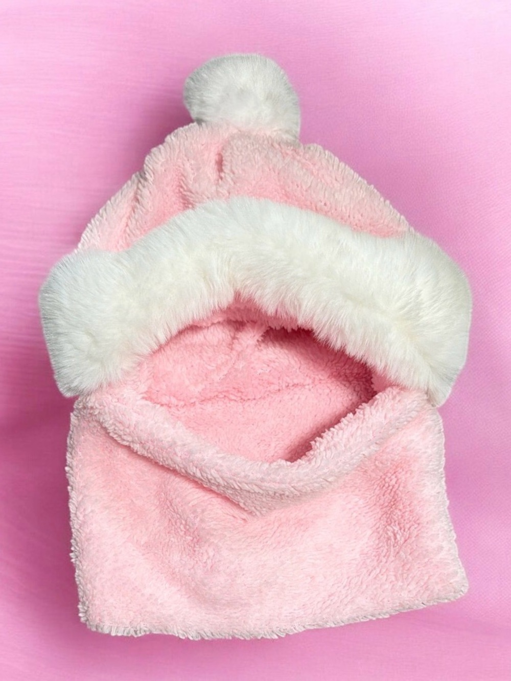 Balaclava Soft Pink Hood Scarf With White Faux Fur Trim Pom